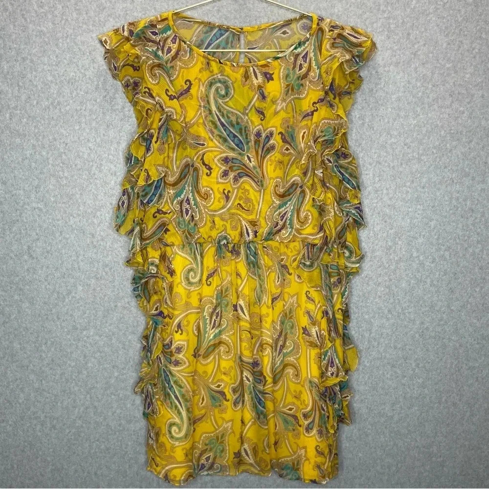 Tibi 100% Silk Coquette Girl Floral Paisley Ruffled Yellow Mini Dress